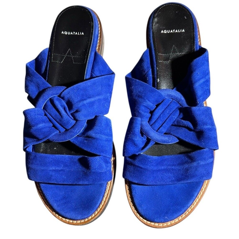 Aquatalia Cobalt Blue Suede Leather Open Toe Slide Sandals Size 7.5